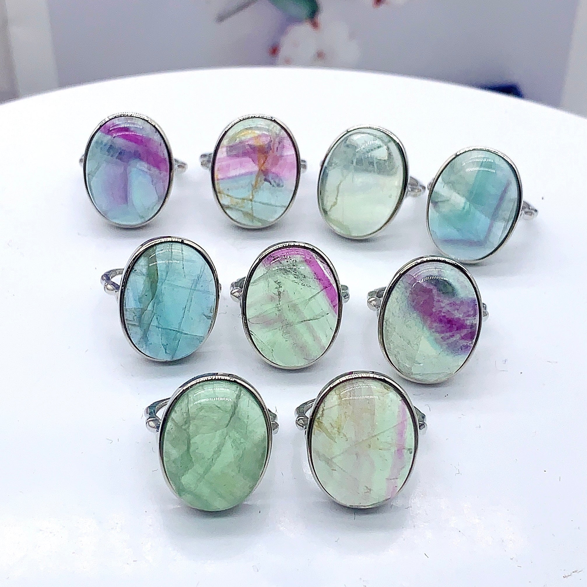 1PC 21mm Natural Fluorite Adjustable Oval Ring Crystal Crafts for Decoration and Gift Sending to Lover