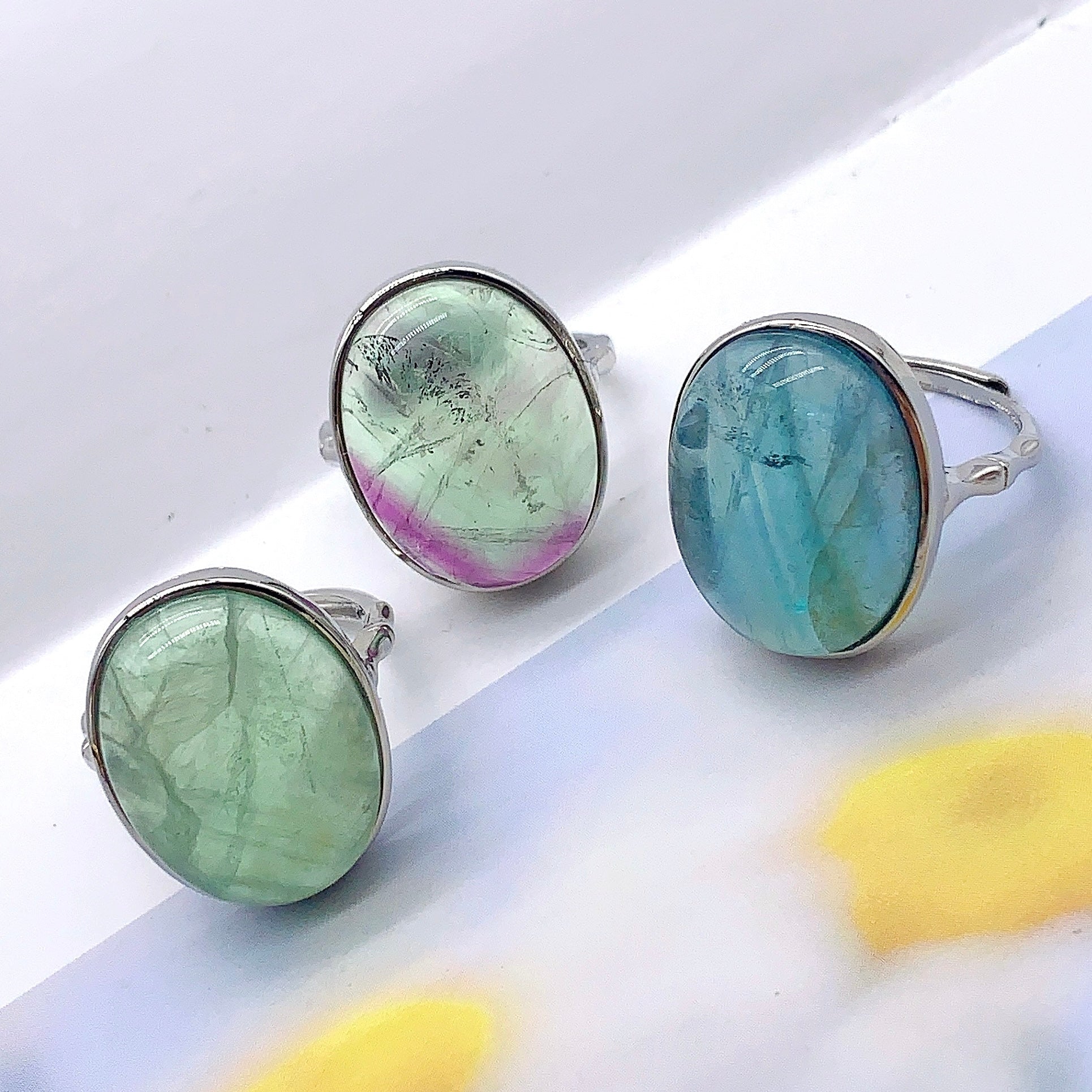 1PC 21mm Natural Fluorite Adjustable Oval Ring Crystal Crafts for Decoration and Gift Sending to Lover