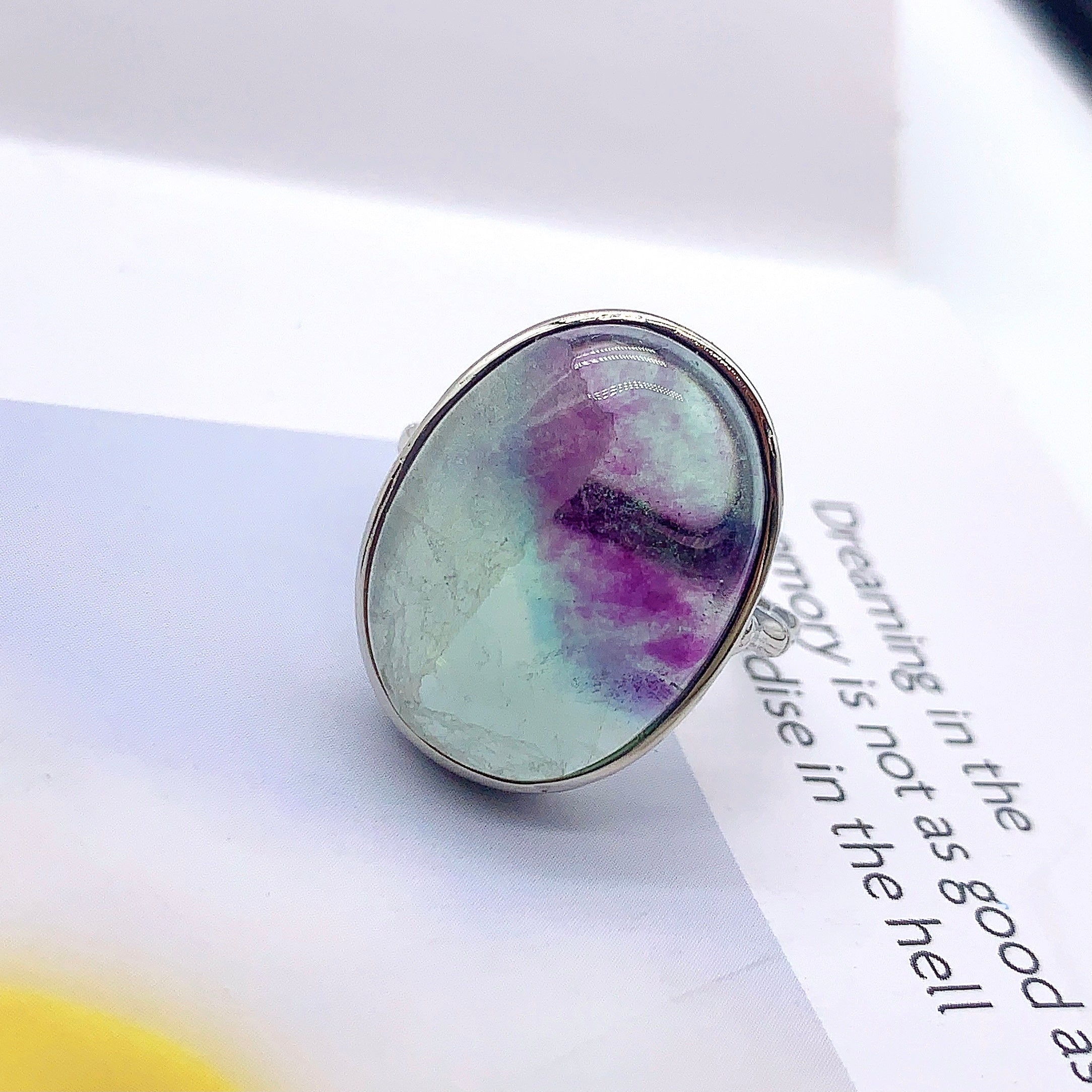 1PC 21mm Natural Fluorite Adjustable Oval Ring Crystal Crafts for Decoration and Gift Sending to Lover