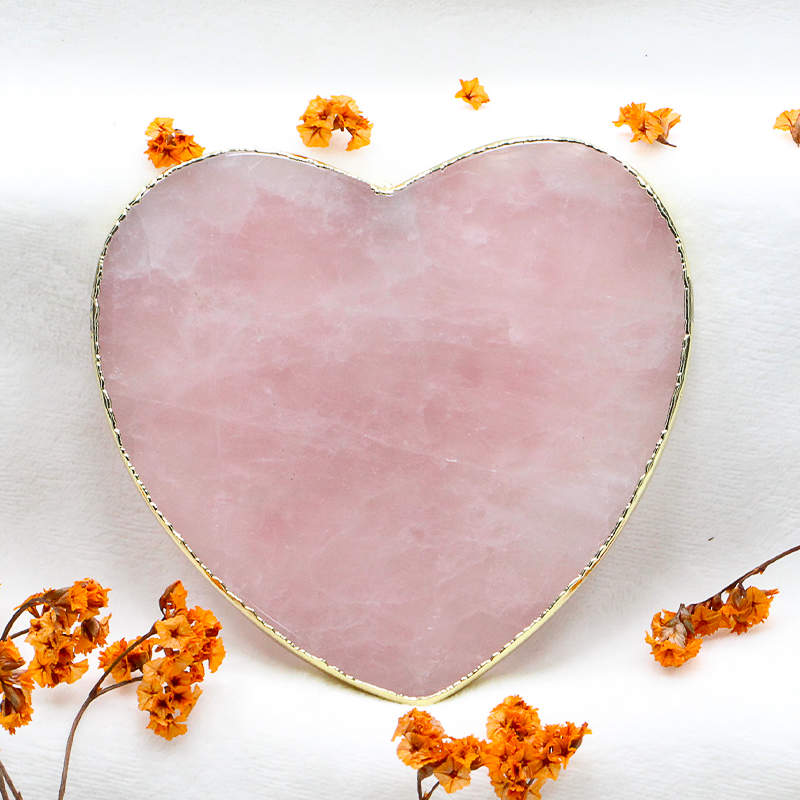 10cm Natural Rose Quartz Heart Shaped Coaster Crystal Cup Mat Metal Package Edge Healing Stones for Home Decoration